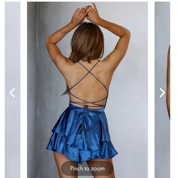 Mon Cherie Cowl Neckline Lace Up Back Romper in Navy - Picture 2 of 8